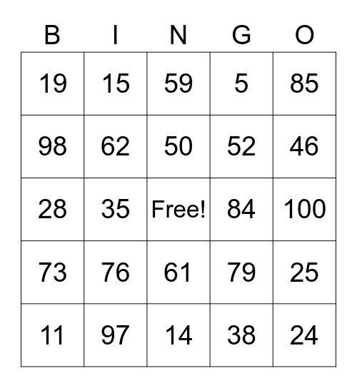 numeros 1-100 Bingo Card