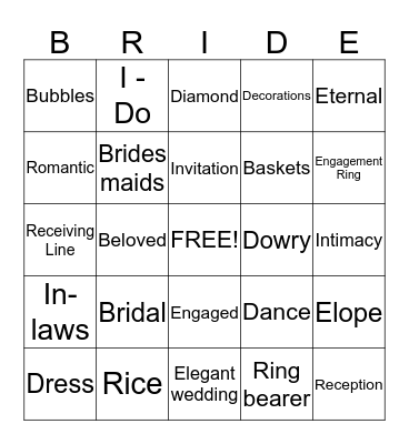 Jaquana's Bridal Shower Bingo Card