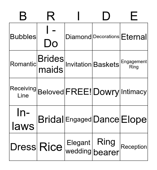 Jaquana's Bridal Shower Bingo Card