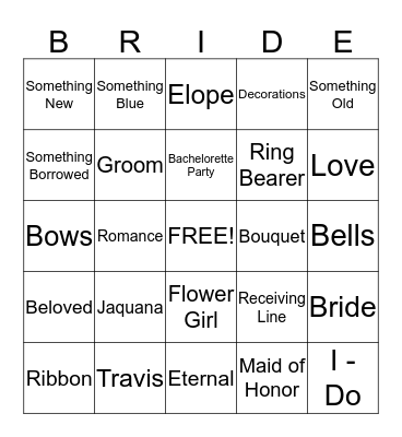 Jaquana's Bridal Shower Bingo Card