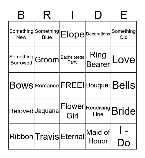 Jaquana's Bridal Shower Bingo Card