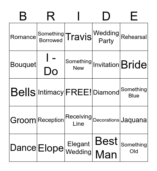 Jaquana's Bridal Shower Bingo Card