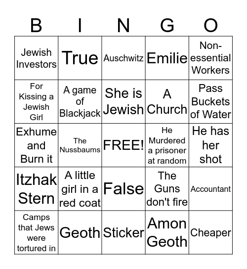 Schindler's List Bingo Card