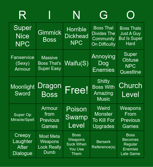 Elden Ring Bingo (Ringo Pun Hee Hee) Bingo Card