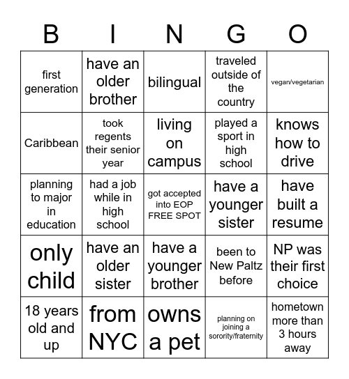 Freshman in College Bingo Card