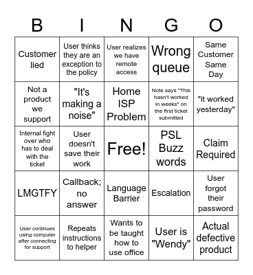 Tech Support Bingo Card