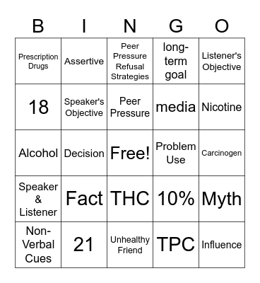 Too Good for Drugs Bingo Card