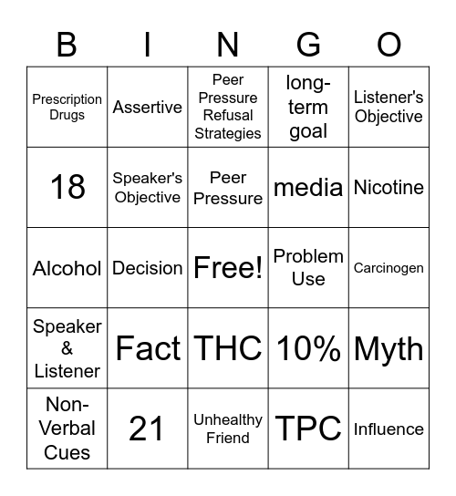 Too Good for Drugs Bingo Card