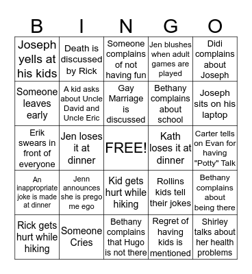 Forced Family Fun Bingo Card