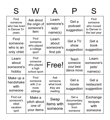 Swap Meet Bingo Card