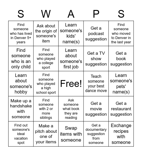 Swap Meet Bingo Card