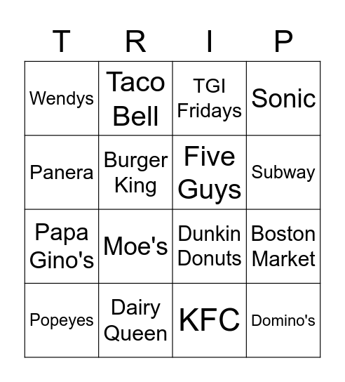 Road Trip Food Sign Restaurant Bingo Card