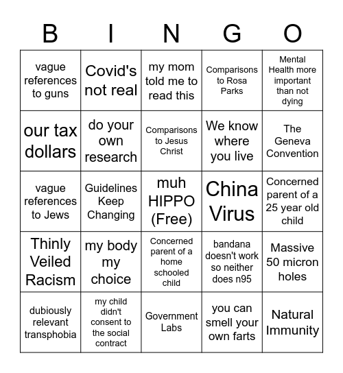 Schoolboard Antimasker Bingo Card