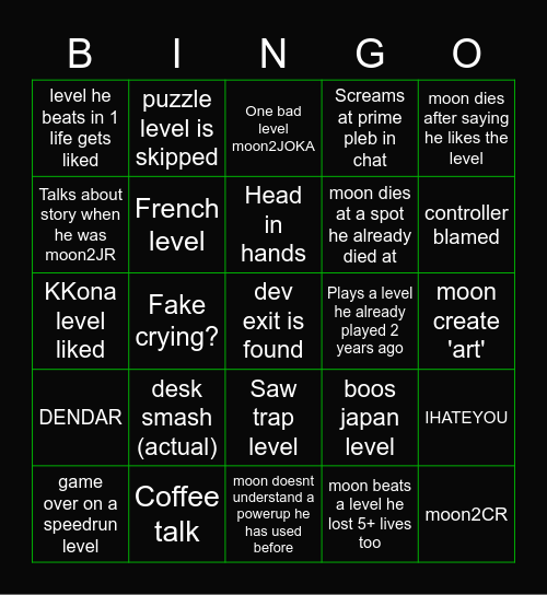 Moon Mario bingo Card