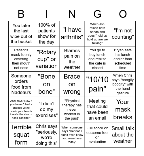 Rehab Bingo Card