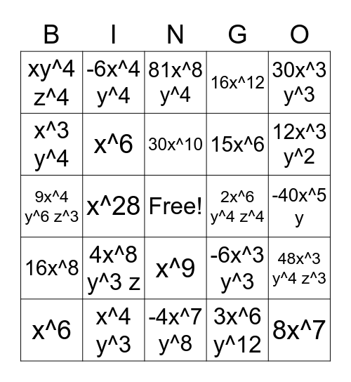 Multiplying Monomials Bingo Card