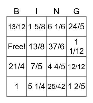 Fraction Bingo Card