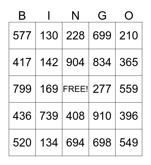 Place Value Bingo Card