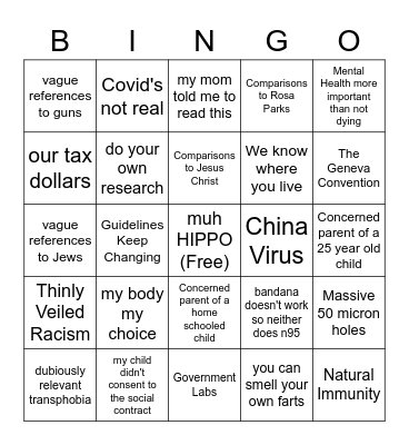 Schoolboard Antimasker Bingo Card