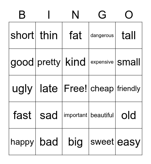 Adjective Bingo Card