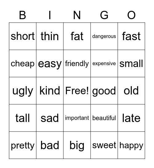 Adjective Bingo Card