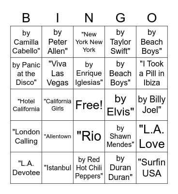 Music Bingo: Places Bingo Card