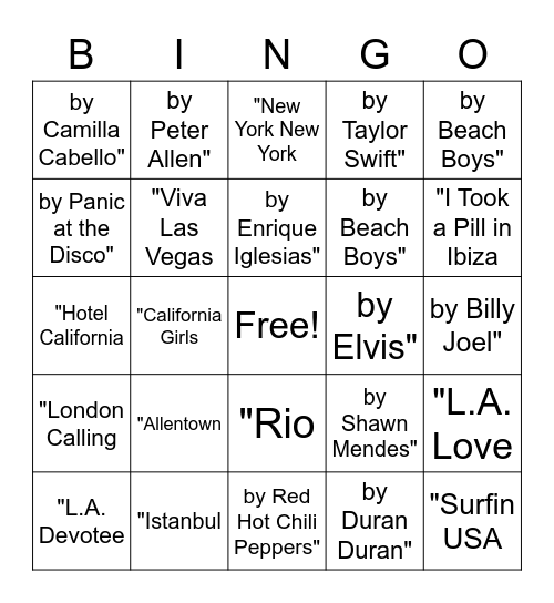 Music Bingo: Places Bingo Card