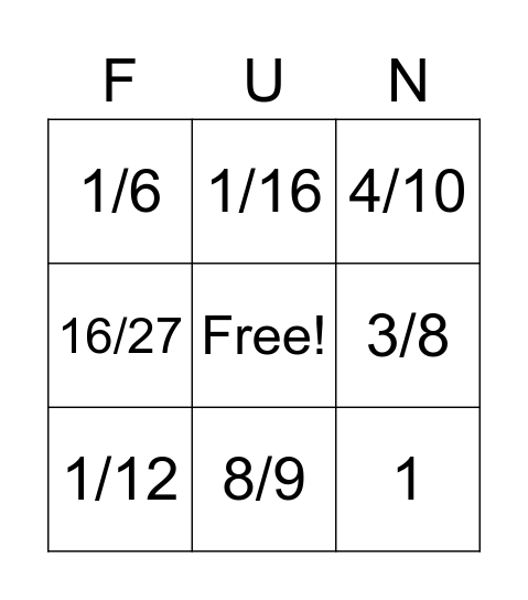 Fraction Bingo Card