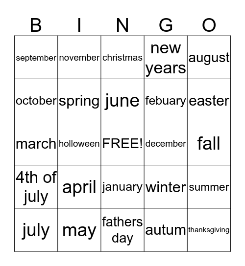 months, seasons & holidays  Bingo Card