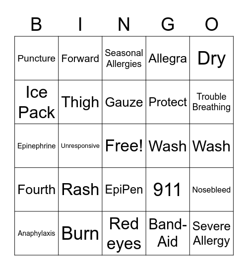 First Aid Bingo Card