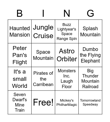 Magic Kingdom Rides Bingo Card