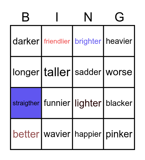 Comparatives Bingo Card