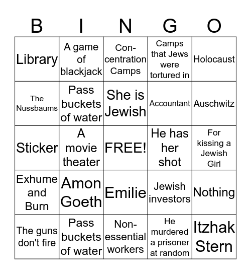 Schindler's List Bingo Card