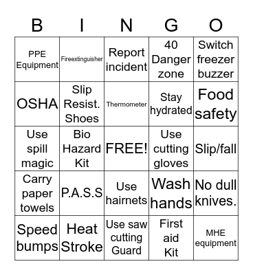 Safety Bingo Card