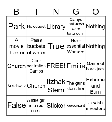 Schindler's List Bingo Card