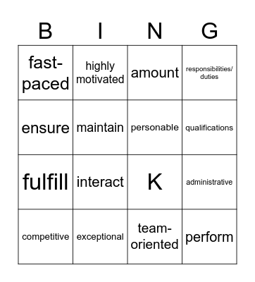 EL Civics Job Vocabulary Bingo Card