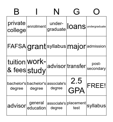 College Bingo Card