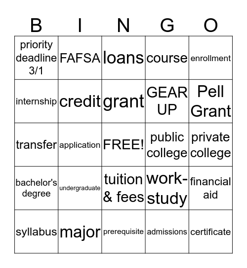 College Bingo Card