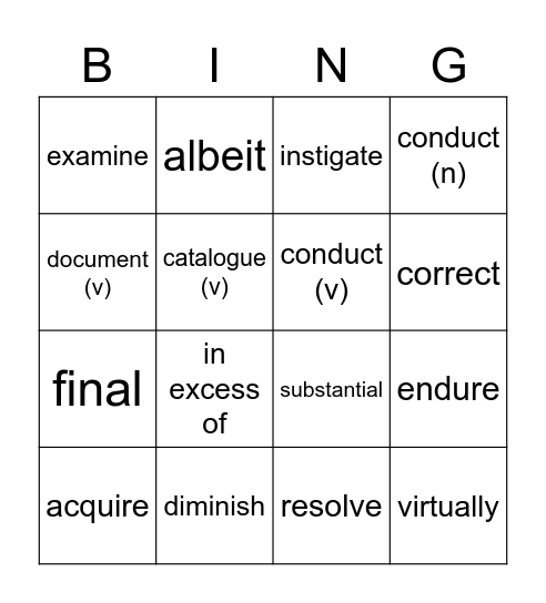 Academic word bingo Card
