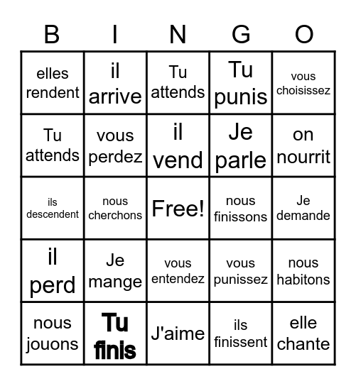 Les verbes Bingo Card