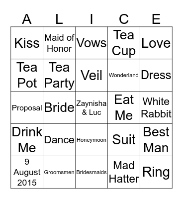 Wonderland Bridal Bingo Card