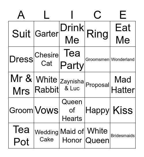 Wonderland Bridal Bingo Card