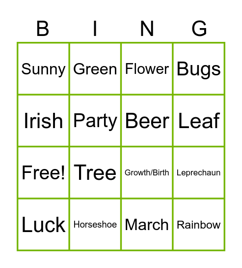 St. Patrick's Spring Bingo Card