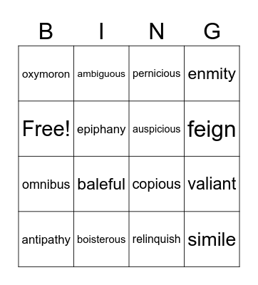 Vocabulary Bingo Card