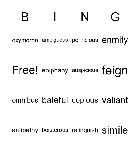 Vocabulary Bingo Card