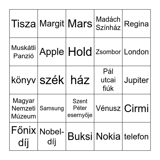 Főnév Bingo Card