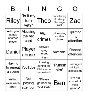 Player Sin Bingo Card