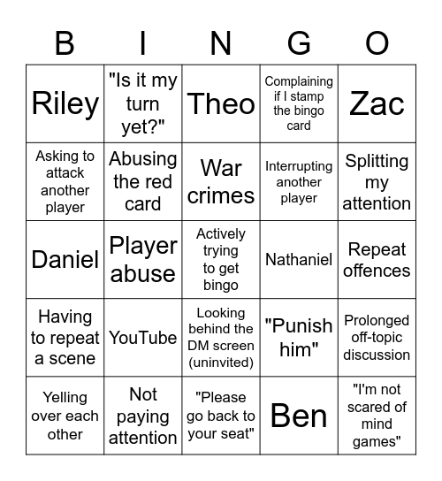 Player Sin Bingo Card