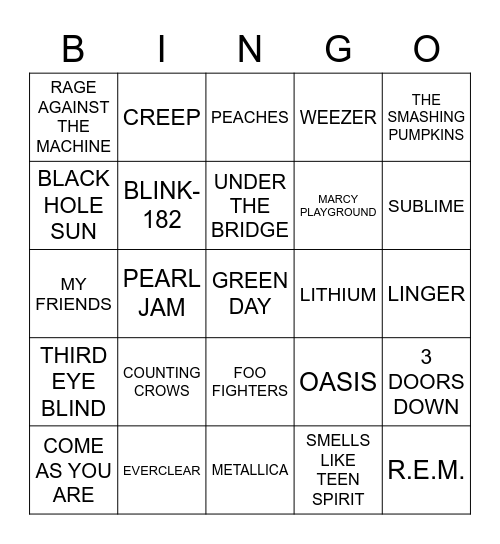 GRUNGE ROCK Bingo Card