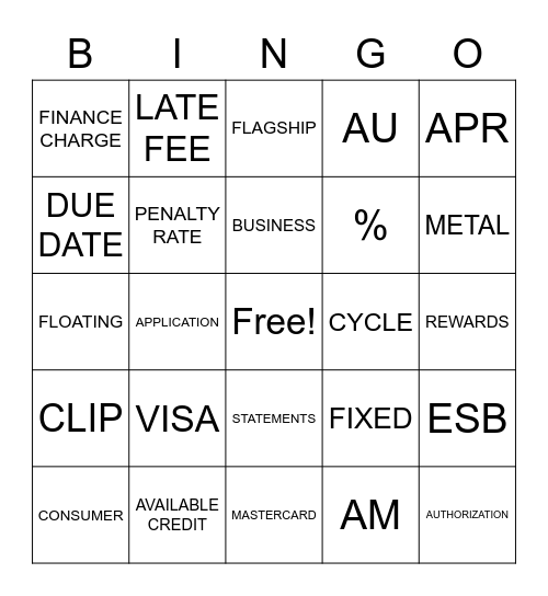 CREDIT CARD TERMS Bingo Card